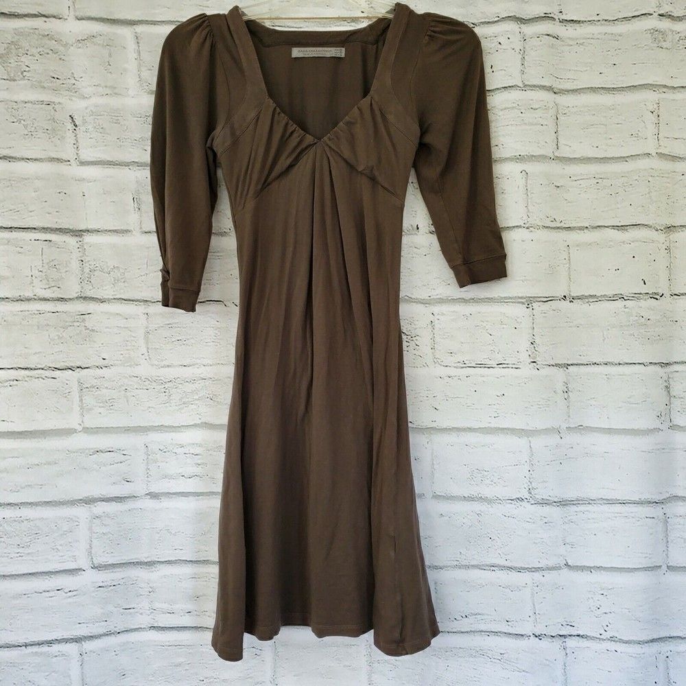 Zara Collection Brown 3/4 Sleeve Cotton Dress Womens Size Small